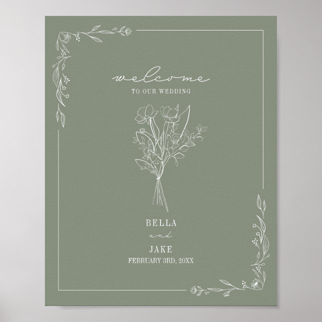Välkommen till Bouquet Line Art Sage Grönt Bröllop Poster (Framsidan)