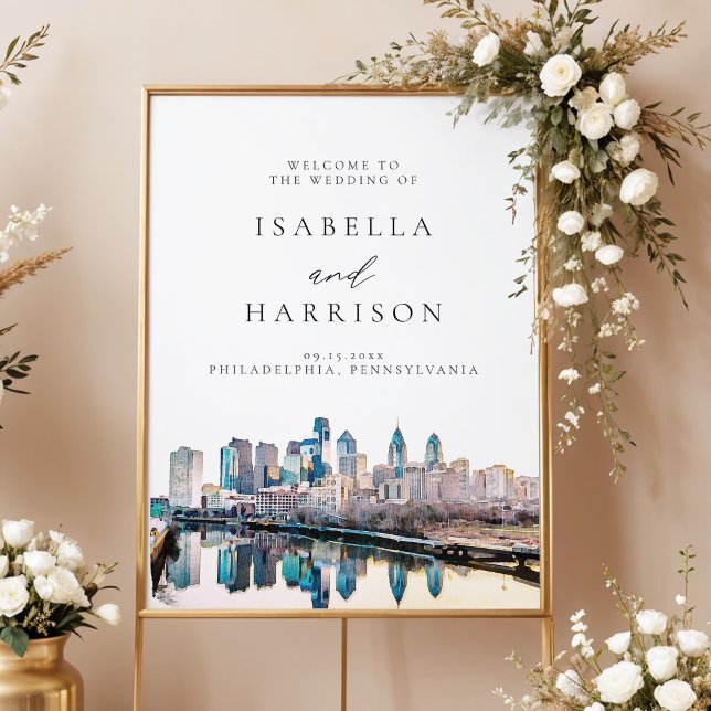 Välkommen till bröllop i Philadelphias skyline Poster (Watercolor Philadelphia City Skyline Destination Wedding Welcome Sign)
