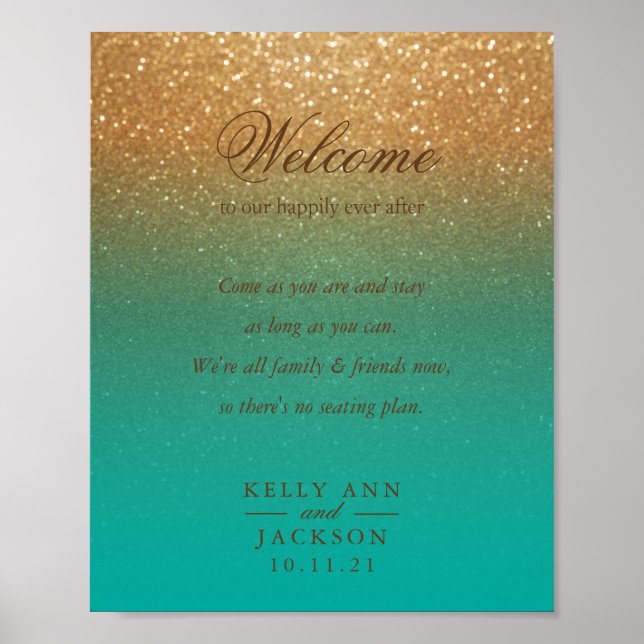 Välkommen till Bröllop-sätet - Teal och Guld Glitt Poster (Framsidan)