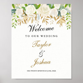 Välkommen till Bröllop-tecknet Guld Blommigt Löv v Poster