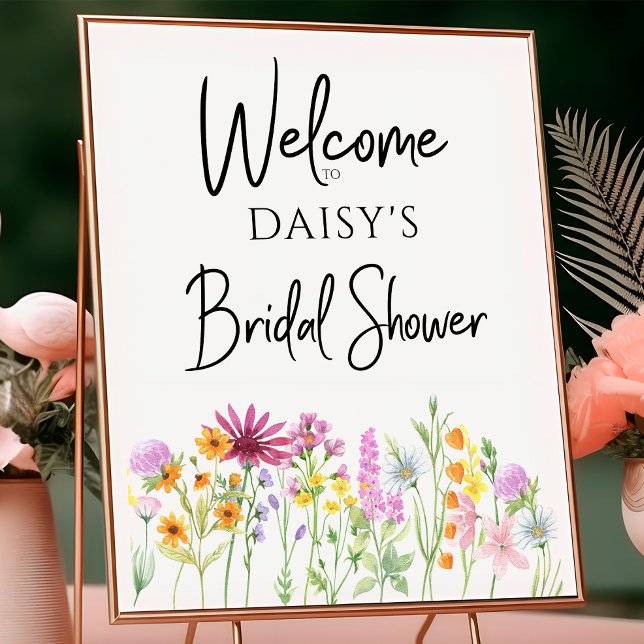 Välkommen till Bröllopsdusch i äng med vilda blomm Poster (Floral Wildflower Bridal Shower welcome poster to order printed or as an instant digital download.)
