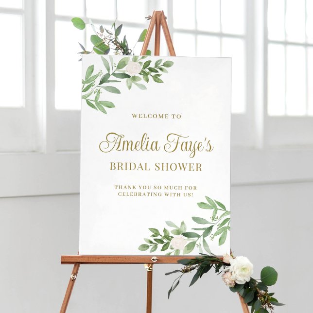 Välkommen till bröllopsdusch med akvarellgrönska poster (Botanical bridal shower welcome sign featuring watercolor white flowers and greenery.)