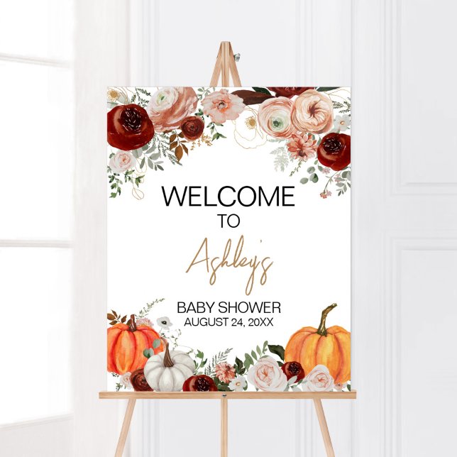 Välkommen till Burgundy Fall Blommigt Pumpkin Välk Poster (Fall Floral Pumpkin Baby Shower Welcome Sign)