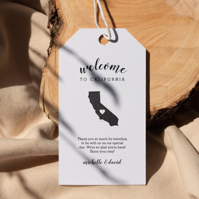 Välkommen till CALIFORNIA | Kalligrafi Bröllop Presentetikett (California Wedding Welcome Tags: personalized  Destination Weddings  Location, Welcome Note, Names)