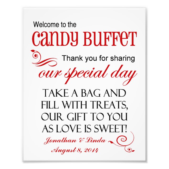 Välkommen till Candy Buffet Red Bröllop-signalen Fototryck (Framsidan)
