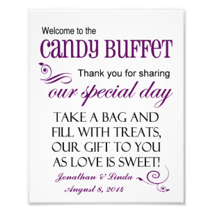 Välkommen till Candy Buffet Violet Bröllop-skylten Fototryck