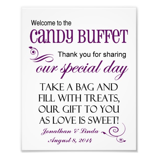Välkommen till Candy Buffet Violet Bröllop-skylten Fototryck (Framsidan)