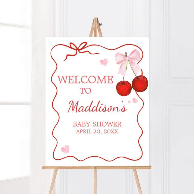 Välkommen till Cherry på Top Rosa Bow Baby Shower Poster (Cherry on Top Baby Shower Welcome Sign)