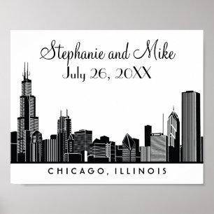 Välkommen till Chicago Skyline Black Wedding Recep Poster