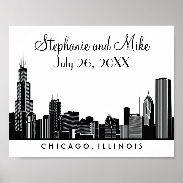 Välkommen till Chicago Skyline Black Wedding Recep Poster (Framsidan)