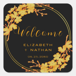 Välkommen till Classy Black & Guld Blommigt Bröllo Fyrkantigt Klistermärke