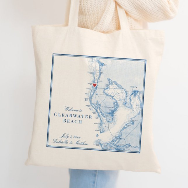 Välkommen till Clearwater Beach Florida Karta Bröl Tygkasse (These Clearwater Beach Florida wedding tote bags are perfect for your Florida destination wedding)
