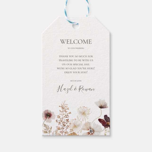 Välkommen till Copper Burgundy Wildblommy Bröllop Presentetikett (Framsidan)