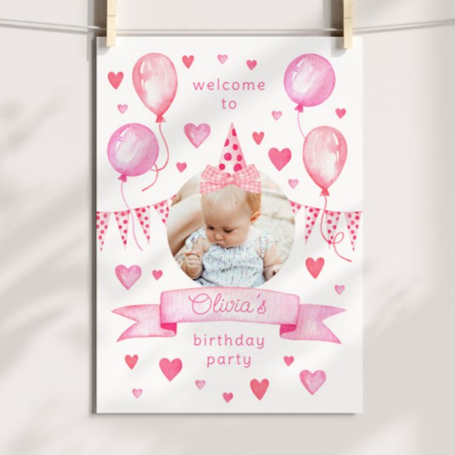 Välkommen till Coquette Bow Rosa Photo Hat-Födelse Poster (pink coquette birthday party welcome poster with custom photo and movable bow hat)