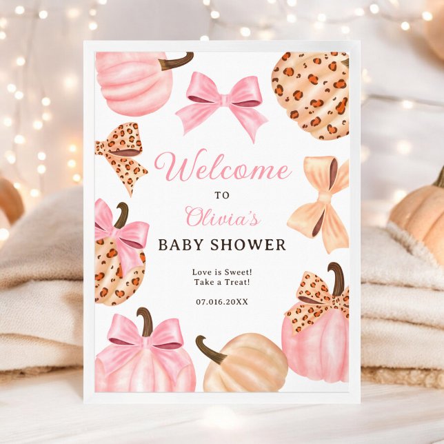 Välkommen till Coquette Rosa Bow Pumpkin-babydusch Poster (Coquette Pink Bow Pumpkin baby shower welcome Poster)