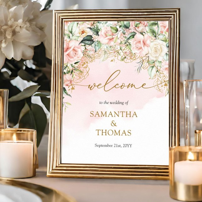 Välkommen till Coquette soft rosa ros guld Bröllop Poster (Elegant soft pastel pink roses mixed greenery and gold Wedding welcome tabletop sign)