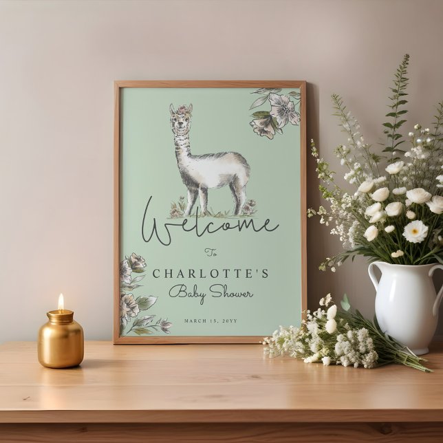 Välkommen till Cute Blommigt Llama Alpaca Baby Sho Poster (Cute Floral Llama Alpaca Baby Shower Welcome Poster)