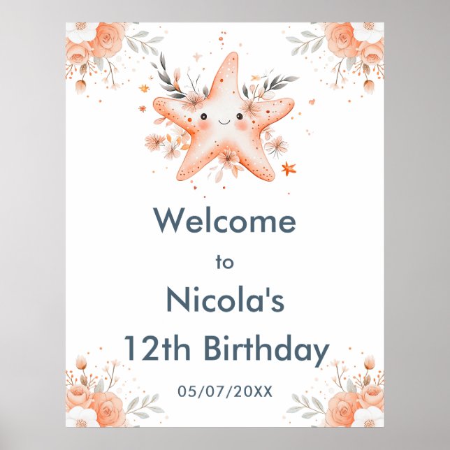 Välkommen till Cute Blommigt Starfish Födelsedagsf Poster (Framsidan)