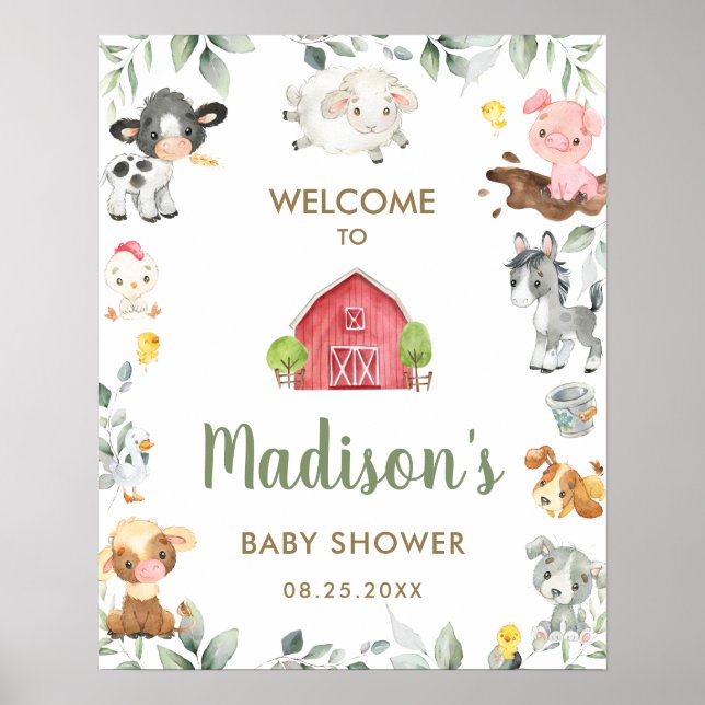 Välkommen till Cute Boskap Greenery Baby Shower Poster (Framsidan)