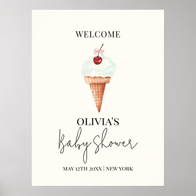 Välkommen till Cute Cherry Scoop Ice Cream Baby Sh Poster (Framsidan)