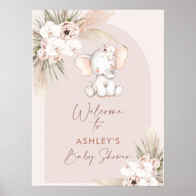 Välkommen till Cute Elephant Blommigt Boho Arch Ba Poster (Framsidan)