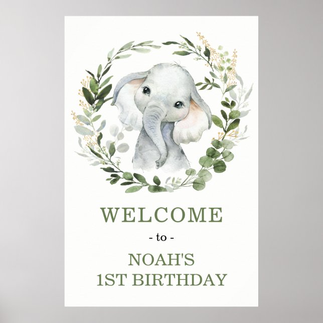 Välkommen till Cute Greenery Elephant Baby Shower Poster (Framsidan)