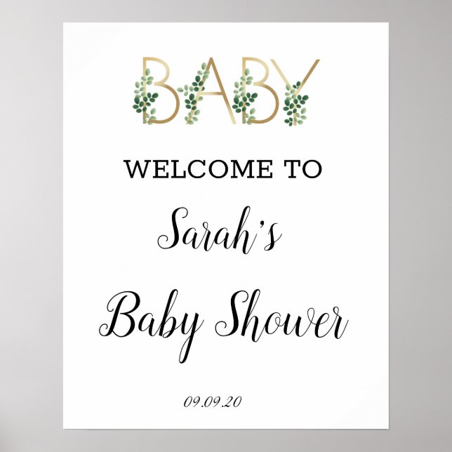 Välkommen till Cute Greenery Slogan Baby Shower Poster (Framsidan)