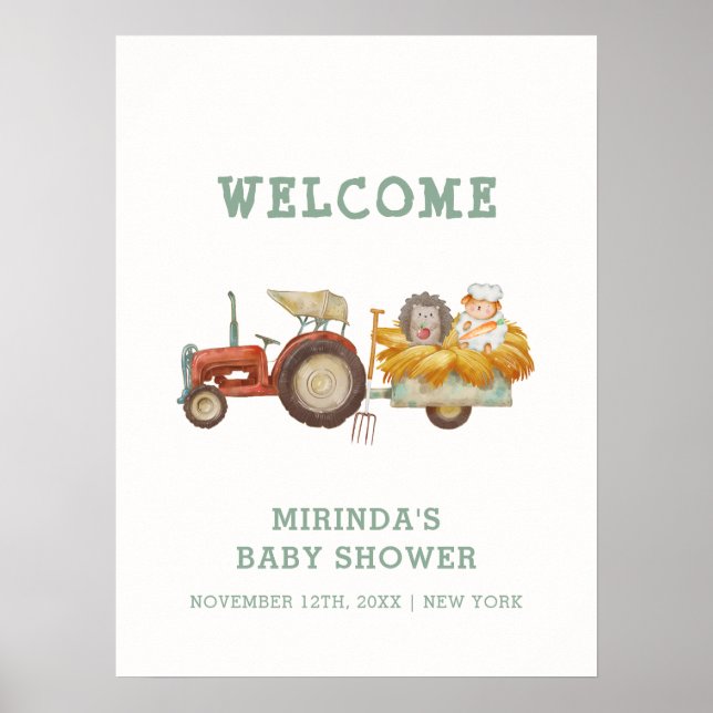 Välkommen till Cute Hedgehog Farm Tractor Baby Sho Poster (Framsidan)