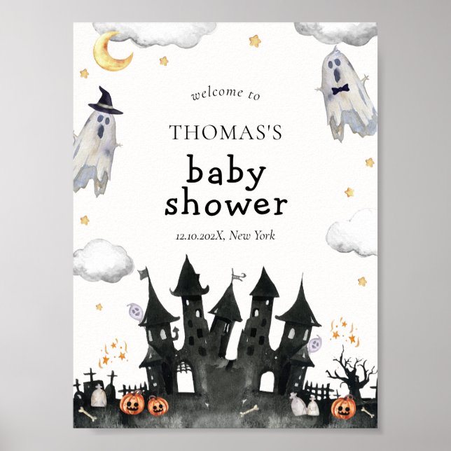 Välkommen till Cute Little Boo Ghost House Baby Sh Poster (Framsidan)