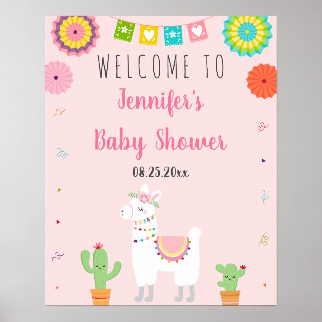 Välkommen till Cute Llama Fiesta Cactus Baby Showe Poster (Framsidan)