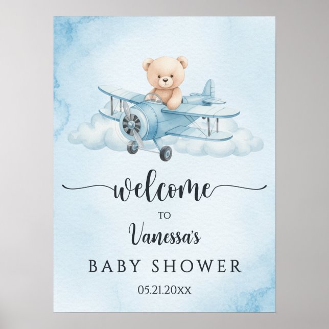 Välkommen till Cute Nalle Pilot Baby Shower Poster (Framsidan)