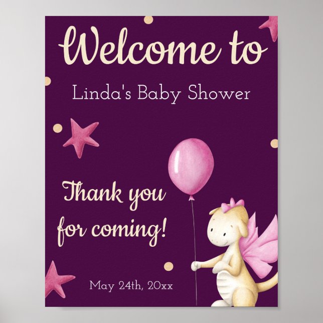 Välkommen till Cute Rosa Dragon Baby Shower Poster (Framsidan)
