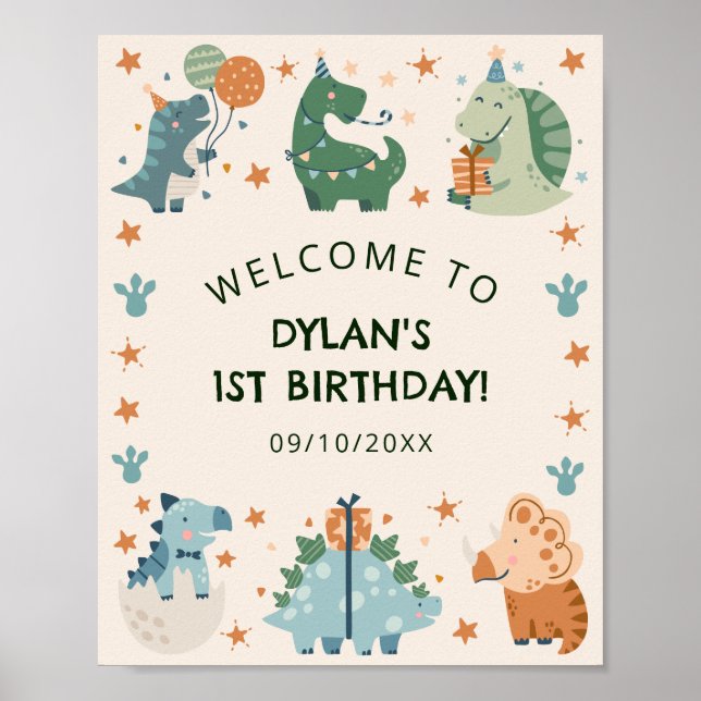 Välkommen till Cute Watercolor Dinosaur-Födelsedag Poster (Framsidan)