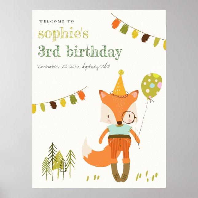 Välkommen till Cute Woodland Roligt Party Fox Barn Poster (Framsidan)