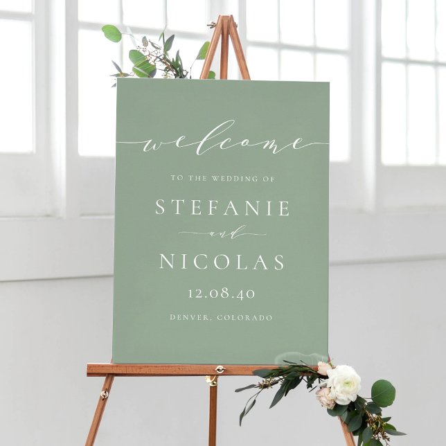 Välkommen till Dainty Script Sage Grönt Bröllop Poster (Customizable sage green minimalist script wedding welcome sign)