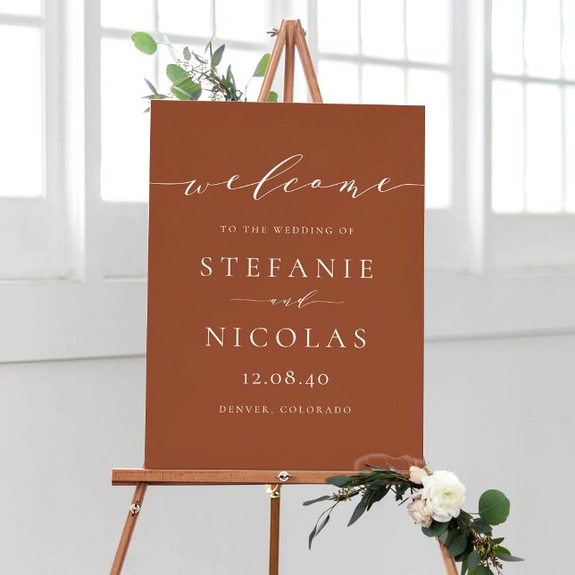 Välkommen till Dainty Script Terracotta Bröllop Poster (Customizable terracotta minimalist script wedding welcome sign)