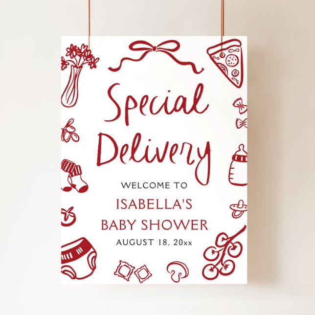 Välkommen till den italienska Pizza Speciell Deliv Poster (Hand drawn Italian Pizza Special Delivery Baby Shower Welcome)