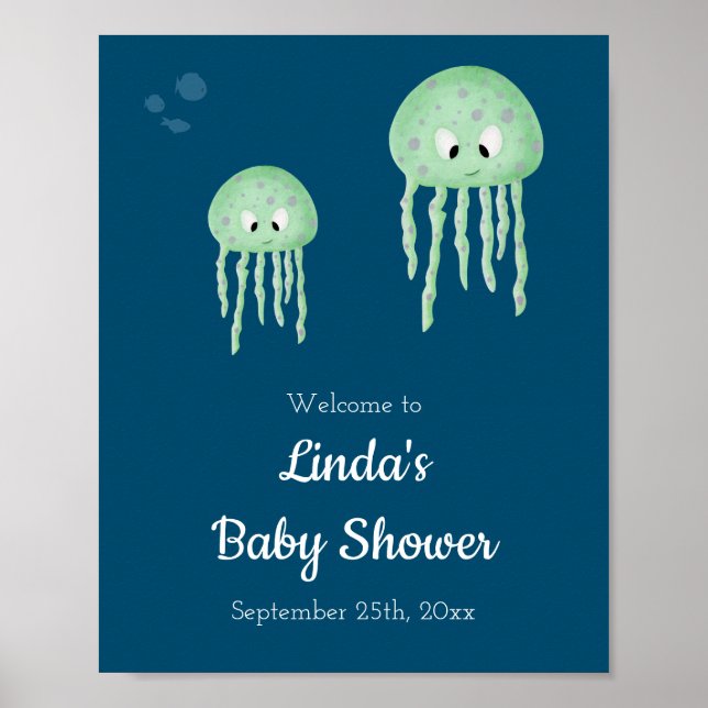 Välkommen till din undervattens themed baby shower poster (Framsidan)