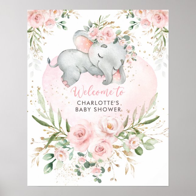 Välkommen till Dreamy Elephant Rosa  Blommigt Baby Poster (Framsidan)