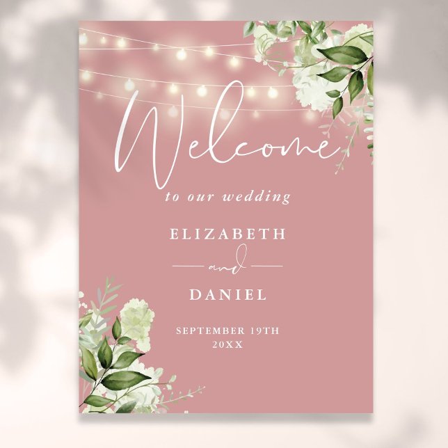 Välkommen till Dusty Ro String Ljus Blommigt Bröll Poster (Dusty Rose String Lights Floral Wedding Welcome Poster)