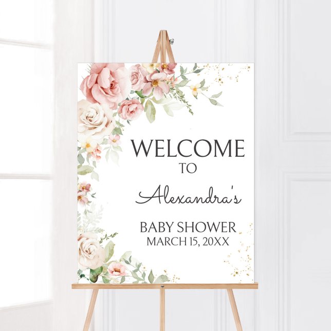 Välkommen till Dusty Rosa Blommigt Baby Shower Poster (Dusty Pink Floral Greenery Baby Shower Welcome Sign)