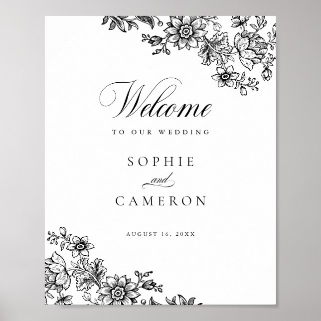 Välkommen till elegant Blommigt Vintage Black Whit Poster (Framsidan)