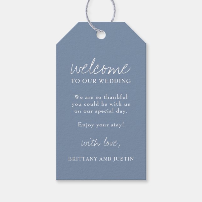 Välkommen till elegant Dusty Blue Script Bröllop Presentetikett (Framsidan)