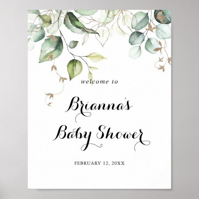 Välkommen till elegant Guld Greenery Baby Shower Poster (Framsidan)