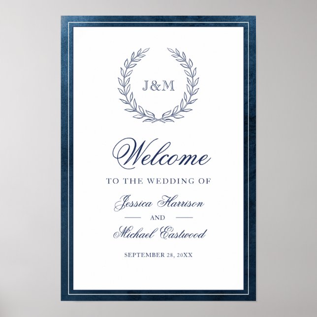 Välkommen till elegant Navy Watercolor Monogram Br Poster (Framsidan)