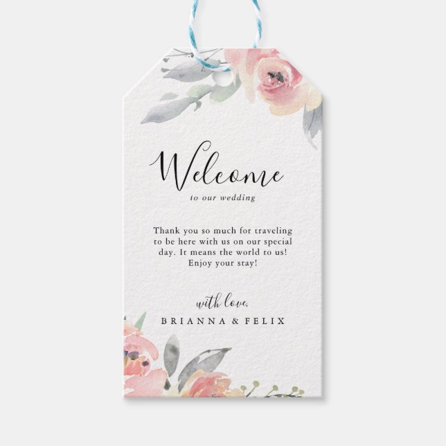 Välkommen till elegant Rosa  Blommigt Bröllop Välk Presentetikett (Framsidan)