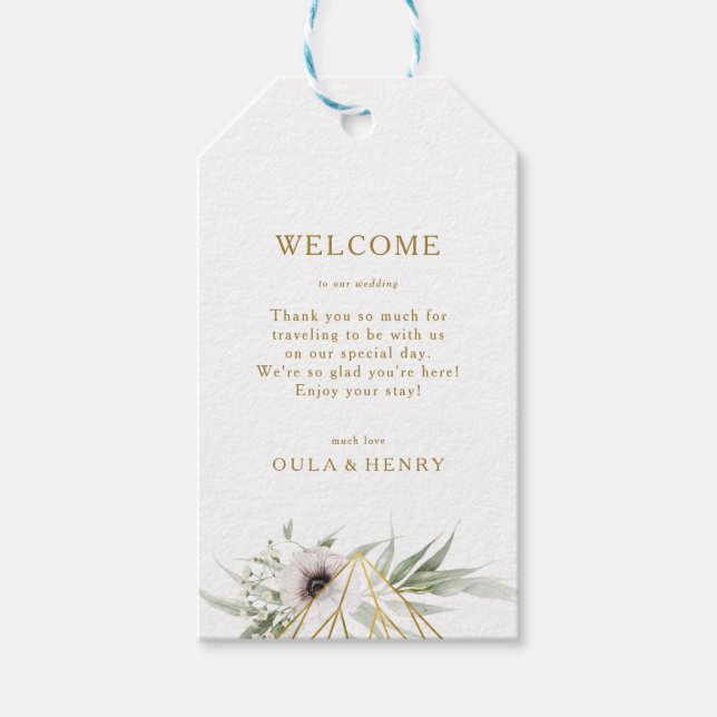 Välkommen till Eucalyptus Guld Geometric Bröllop Presentetikett (Framsidan)