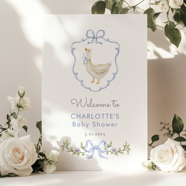 Välkommen till Fånig Goose Blue Bow Pojke Shower Poster (Skapare uppladdad)