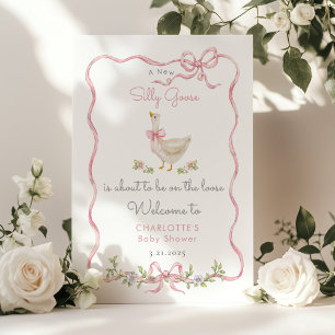 Välkommen till Fånig Goose Rosa Bow Flicka Shower Poster