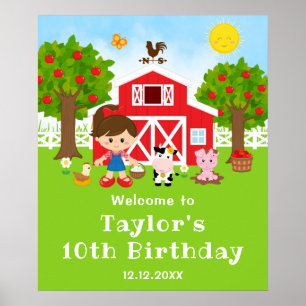Välkommen till Farm Red Barn Brunt Hår Flickas Föd Poster